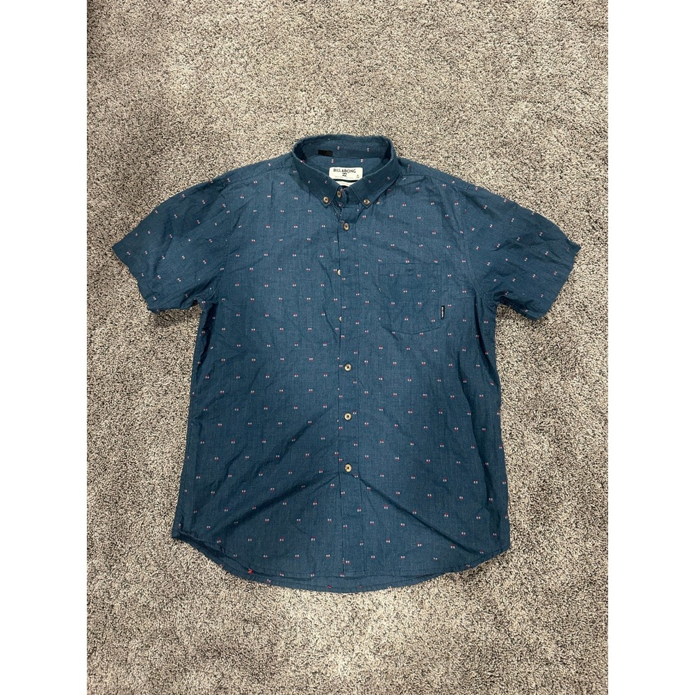 Billabong Button Down Shirt Short Sleeve Stretch Geo Dot Blue Medium